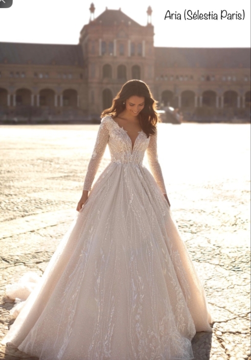 Robe Aria de chez Sélestia Paris. Robe de mariée forme trapèze ou princesse (au choix)couleur nude ou ivoire en tulle en paillette et strass. Décolleté devant et dos